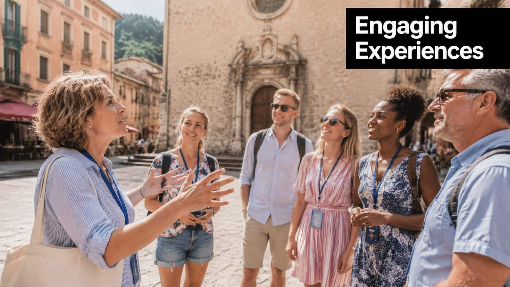 A professional tour guide leads a group of tourists on a sunny day in an Italian town.