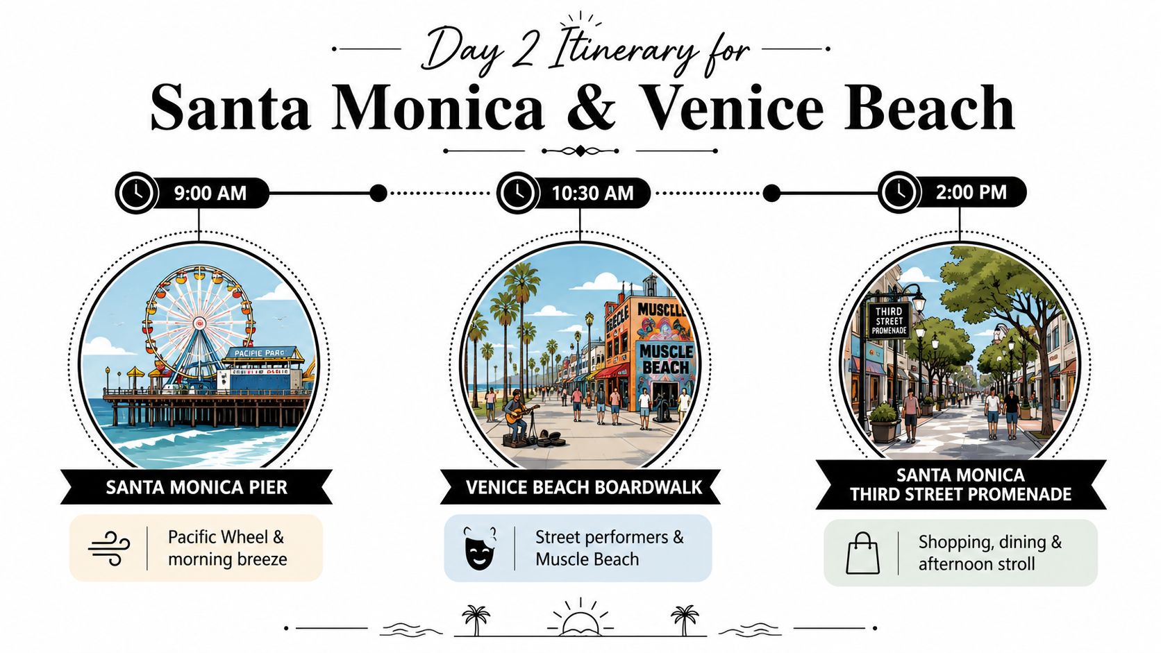 A travel itinerary for Santa Monica and Venice Beach showing three major attractions scheduled throughout the day.