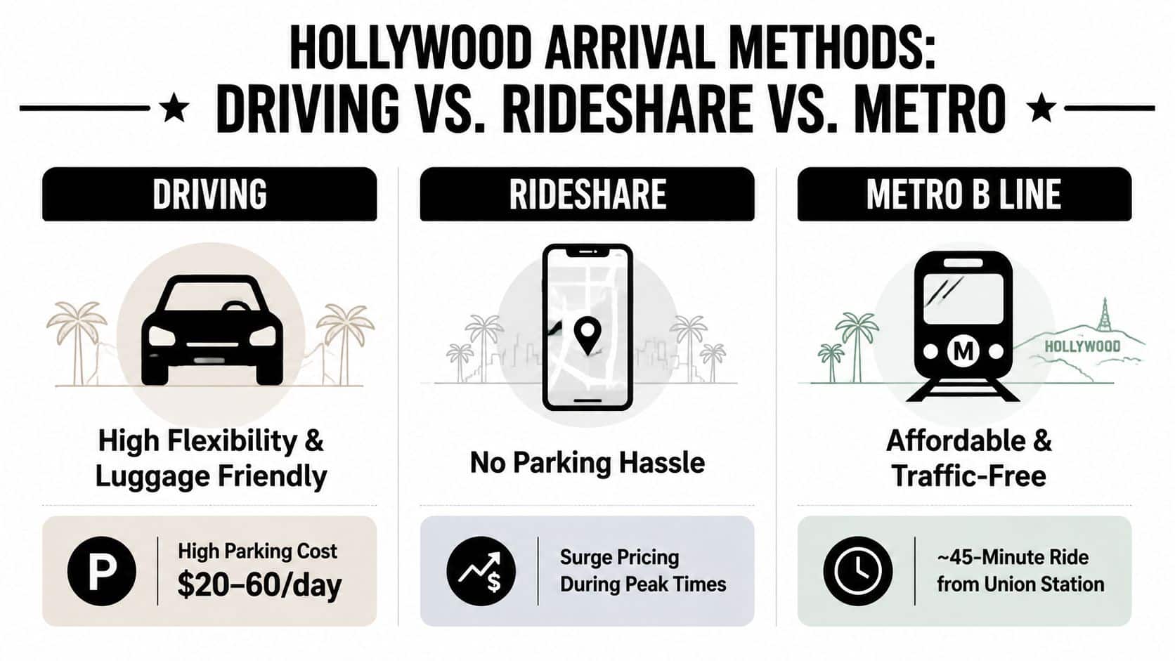 A comparison chart showing the pros and cons of driving, rideshare, and the Metro B line to Hollywood.