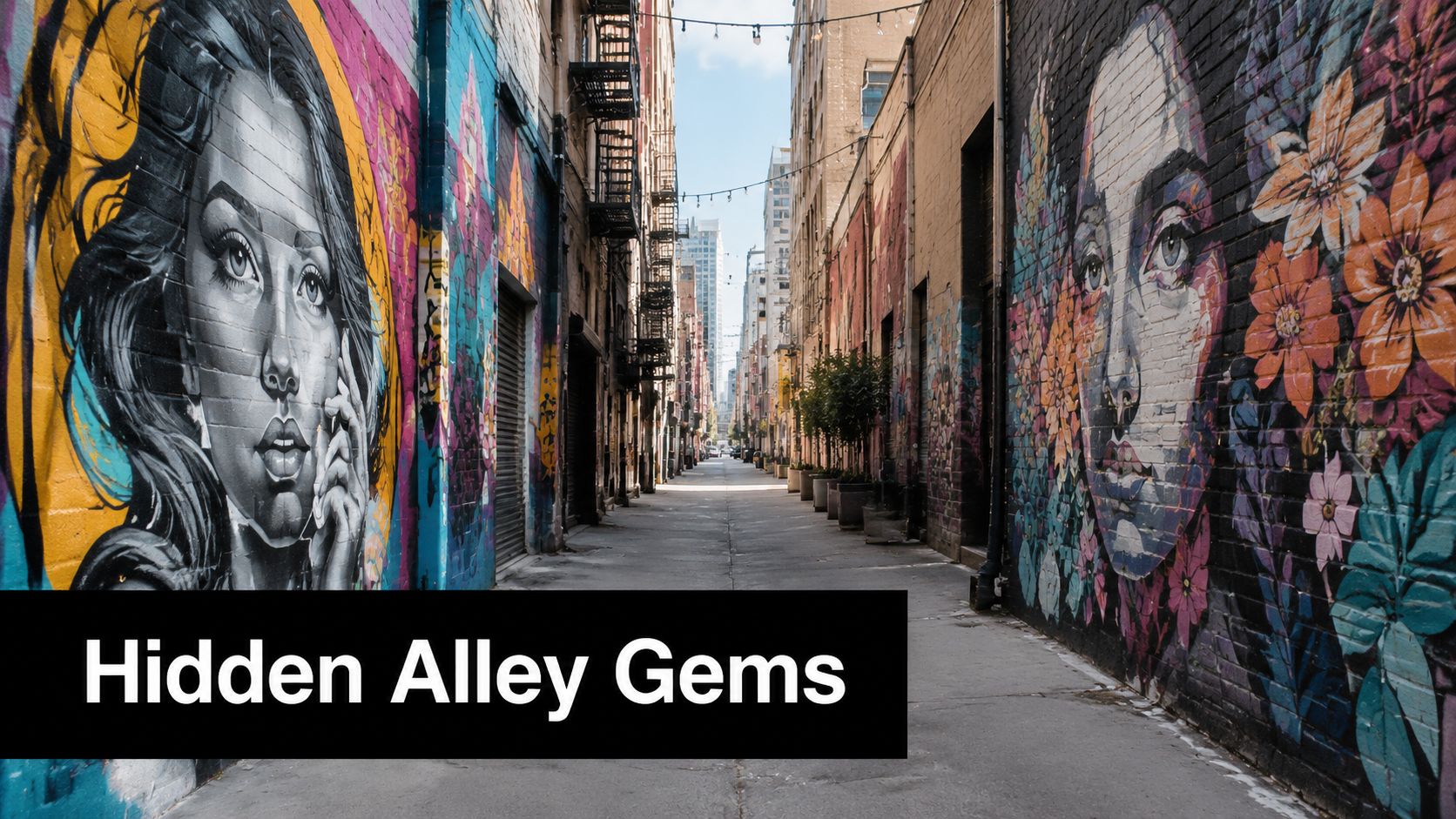 A vibrant narrow urban alleyway in Los Angeles featuring colorful portrait murals on brick building walls.