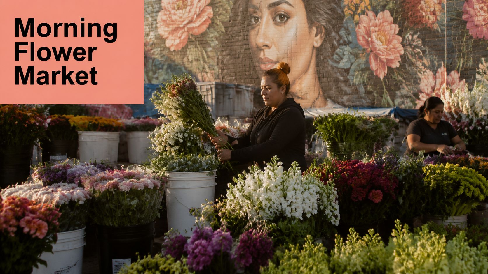A woman arranging a bouquet of flowers at a vibrant downtown Los Angeles morning flower market.