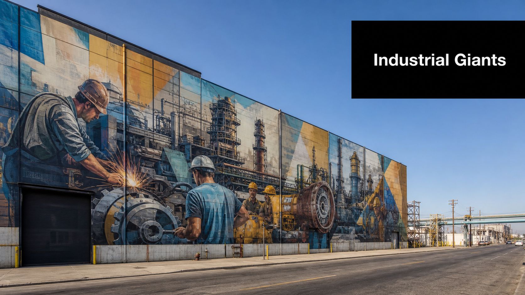 A large, detailed mural of industrial workers and factory equipment painted on a downtown Los Angeles wall.