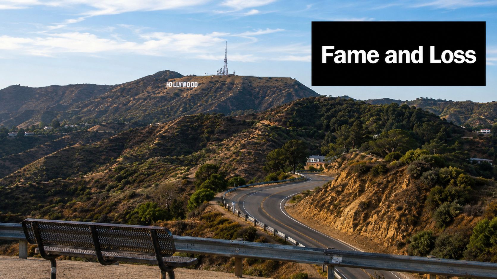 A scenic view of the iconic Hollywood sign overlooking a winding road in the California hills.