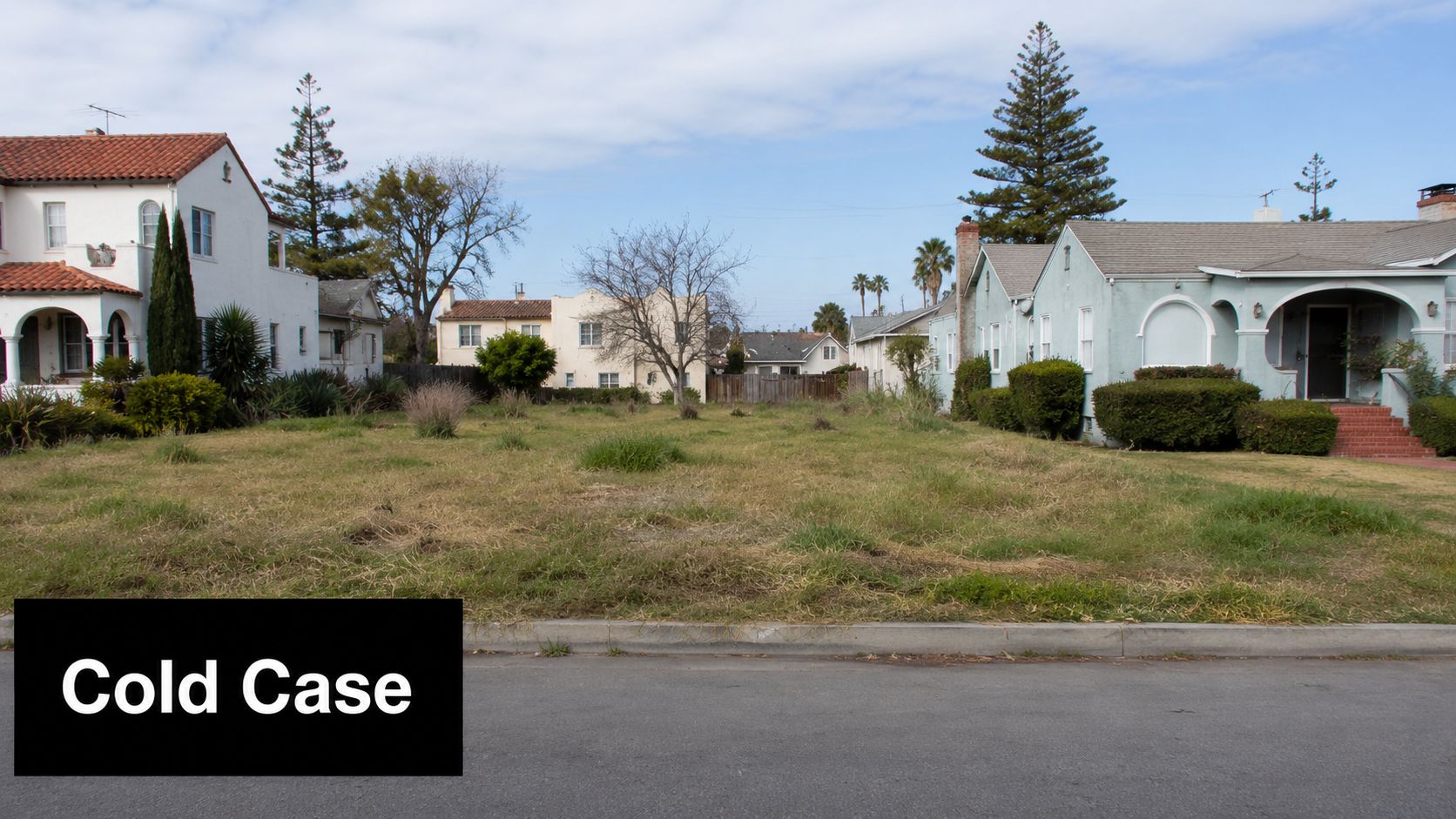 An empty residential lot between houses in a suburban neighborhood with the words Cold Case overlaid.