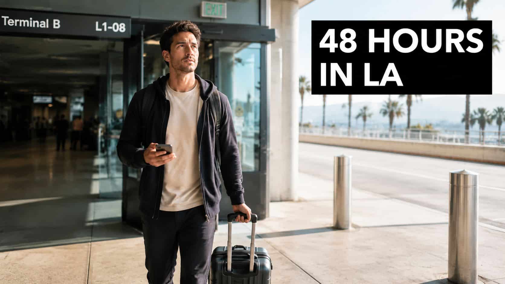A young man with a suitcase walking out of an airport terminal with the text 48 HOURS IN LA