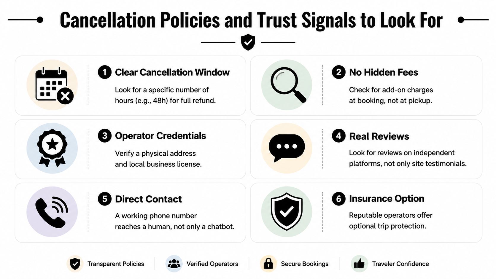 An infographic detailing six essential trust signals for evaluating cancellation policies and booking tour operators safely.