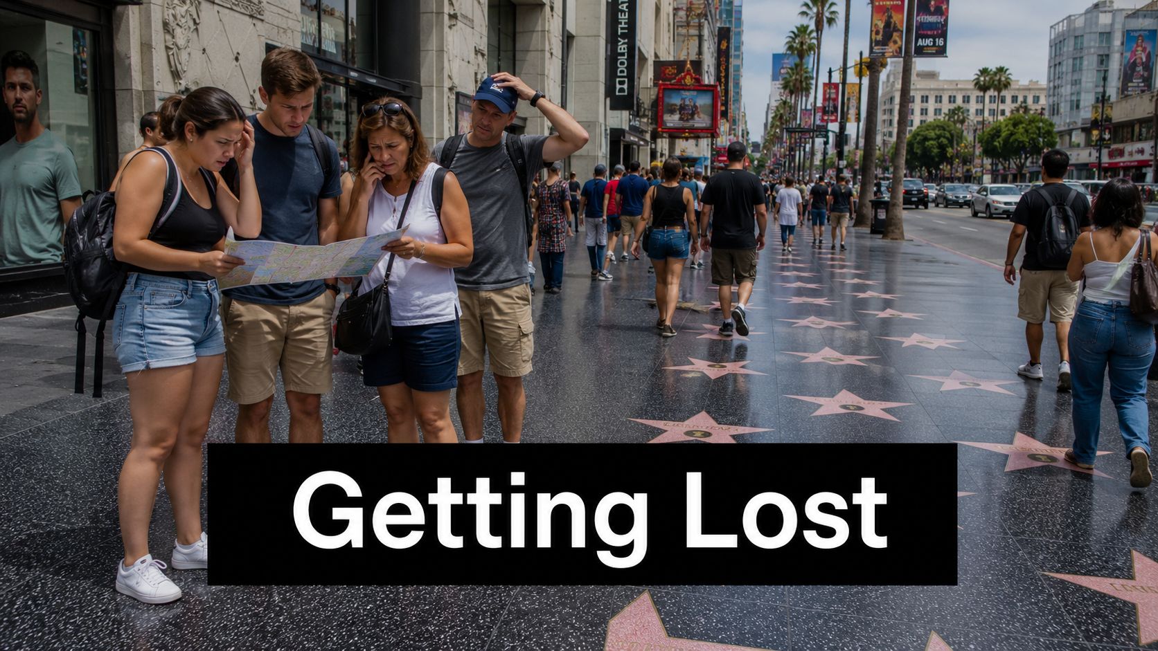 A group of tourists holding a map while walking along the famous Hollywood Walk of Fame sidewalk.