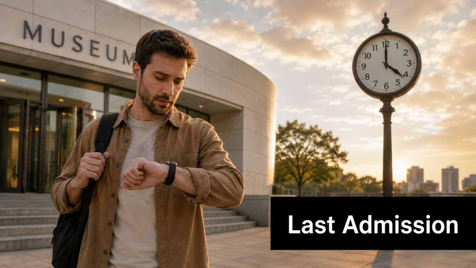 A man looks at his watch outside a museum building with a large clock in the background.