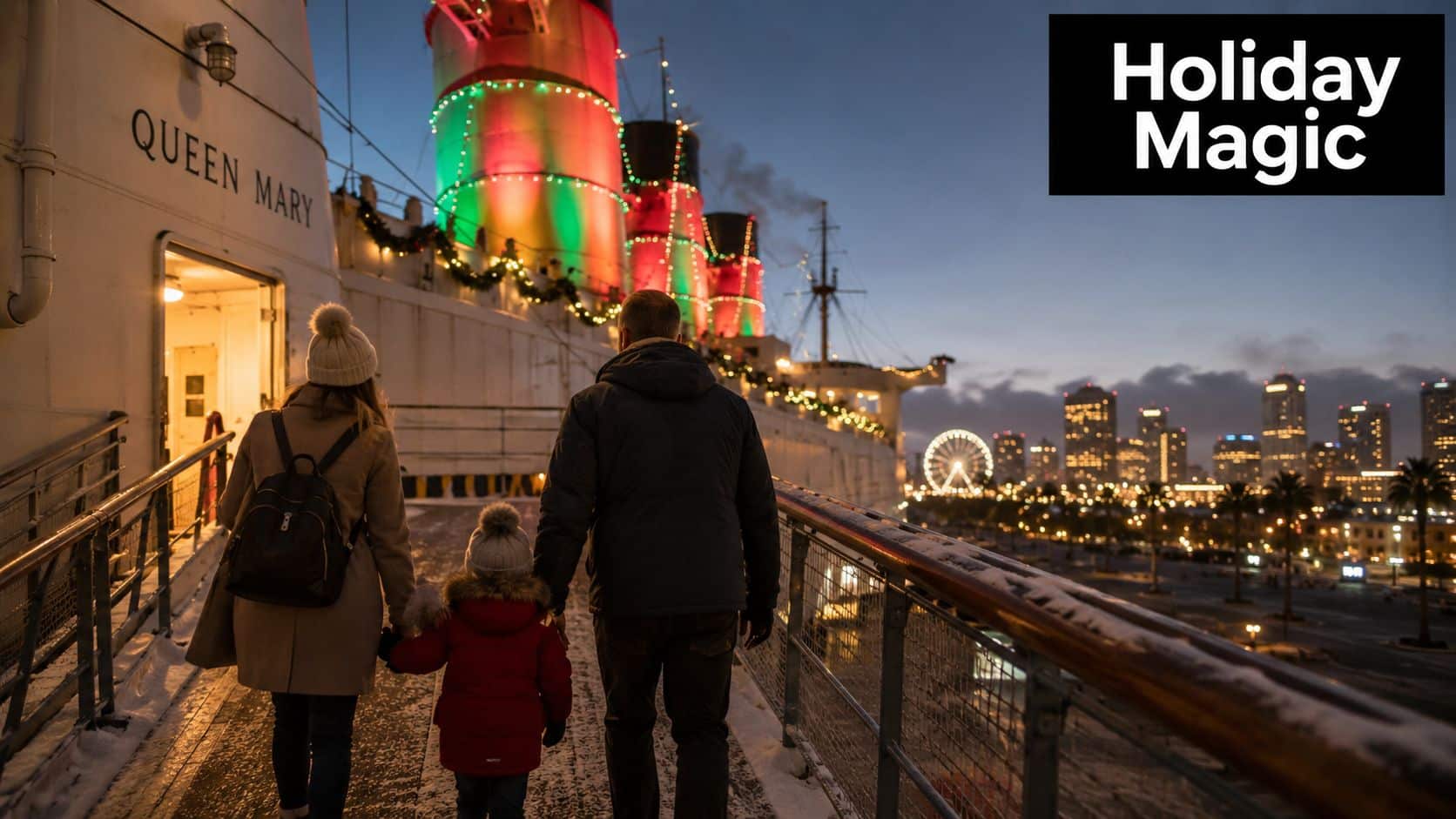 A family of three walks toward the decorated Queen Mary ship during a festive winter evening.