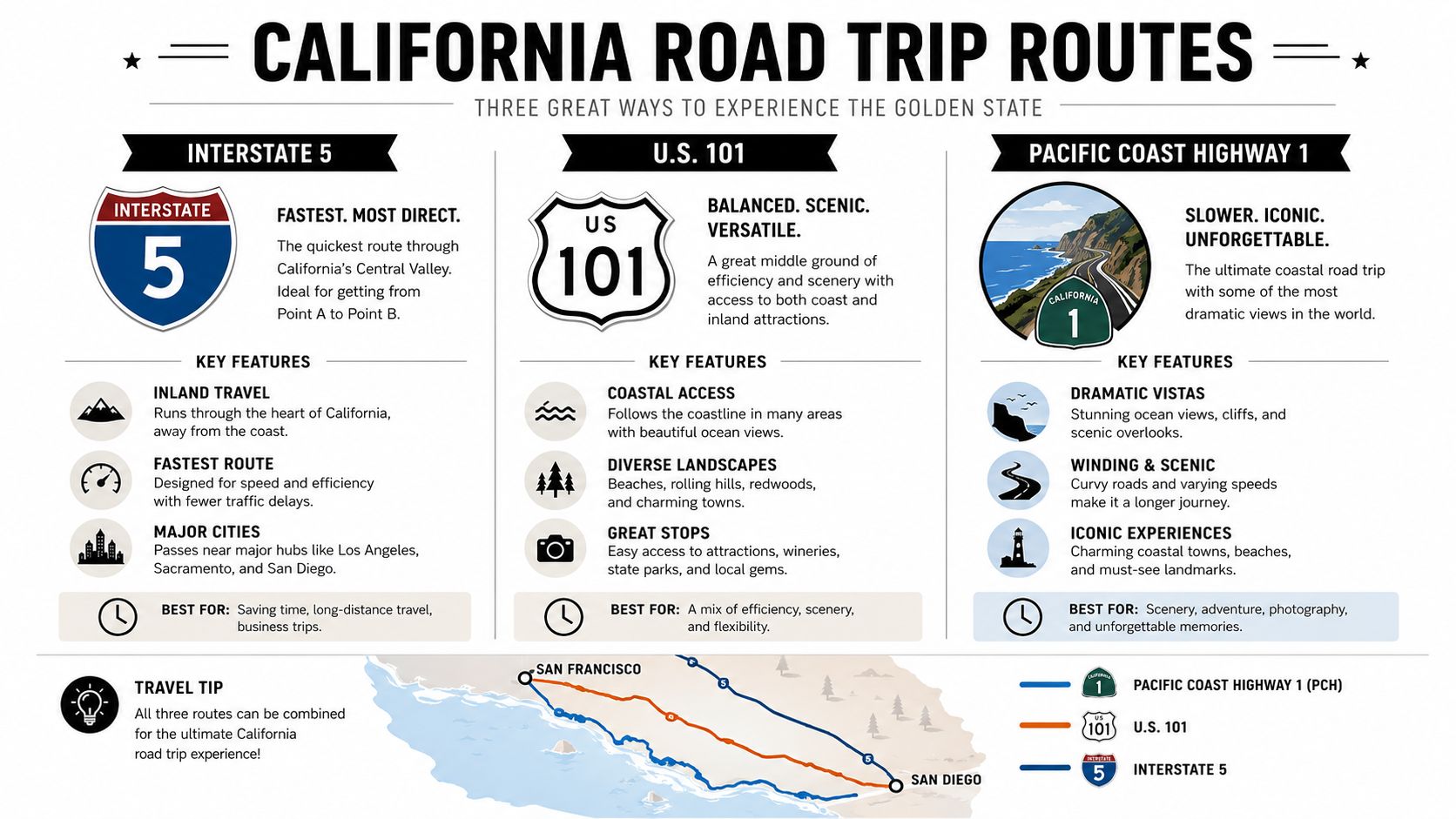A travel infographic comparing Interstate 5, U.S. 101, and the Pacific Coast Highway for California road trips.