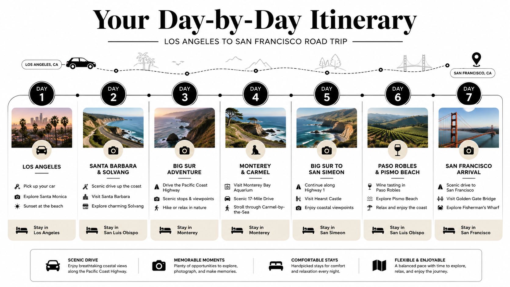 A 7-day travel itinerary for a road trip from Los Angeles to San Francisco along the coast.