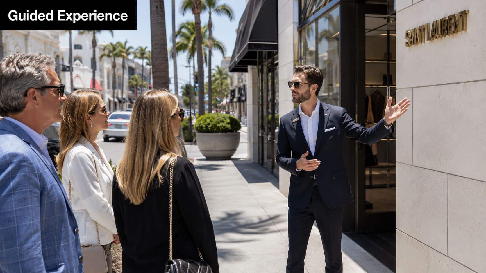 A professional guide shows luxury shopping options to a group on Rodeo Drive in Beverly Hills.