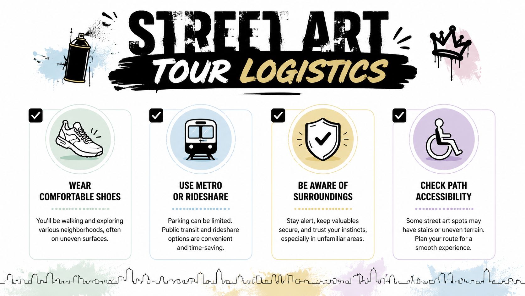 An infographic titled Street Art Tour Logistics providing travel, safety, and accessibility tips for urban walking tours.