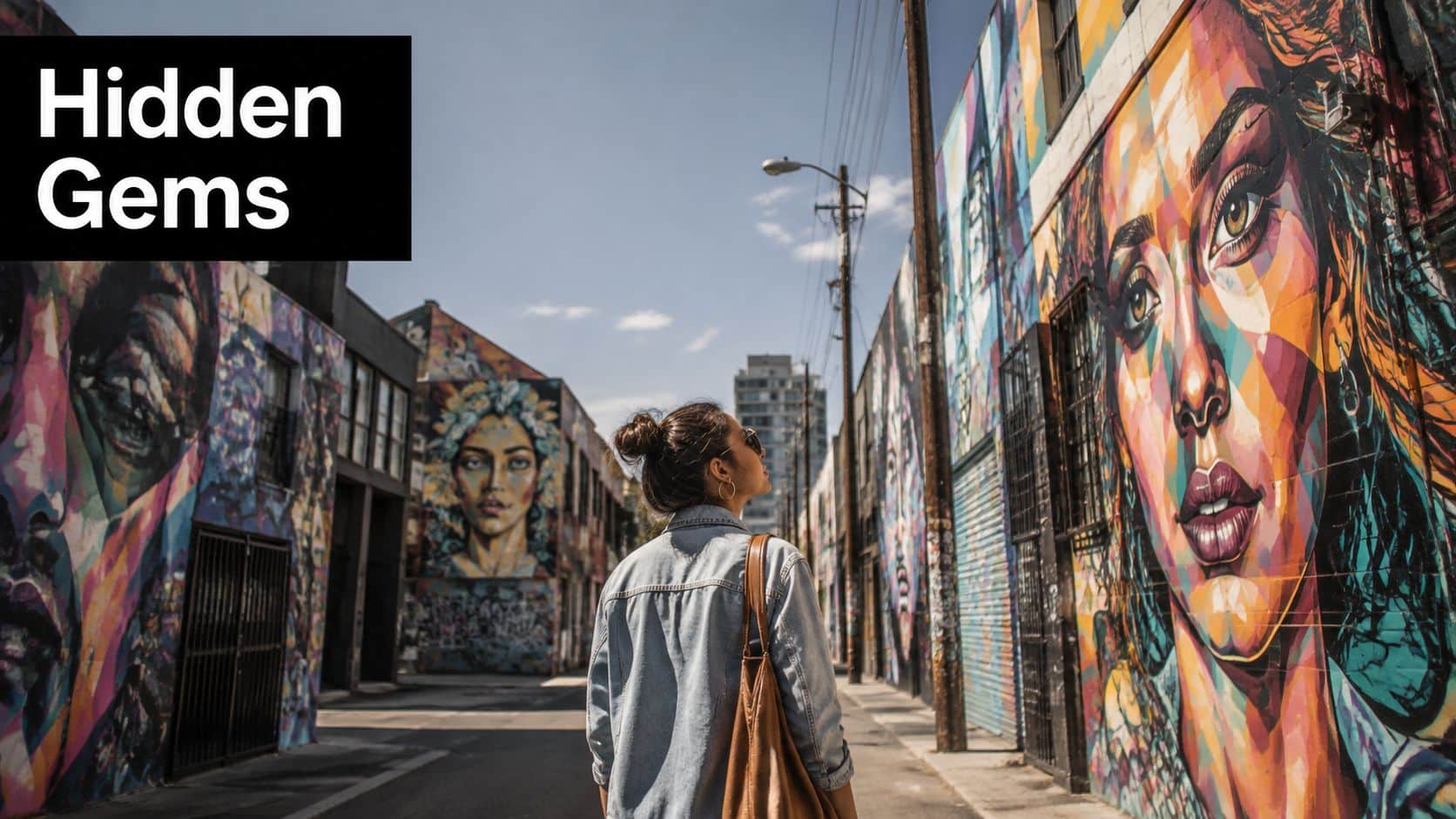 A woman stands in a vibrant alleyway admiring colorful murals of portraits painted on brick buildings.
