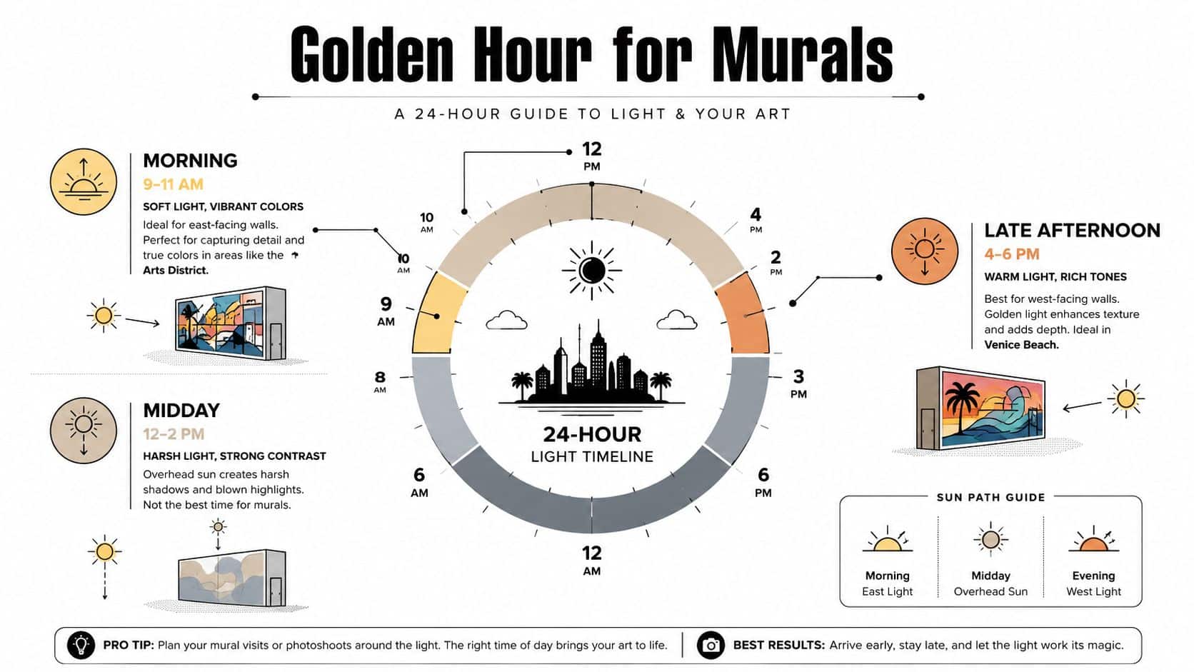 An infographic titled Golden Hour for Murals explaining the best times of day to view street art.