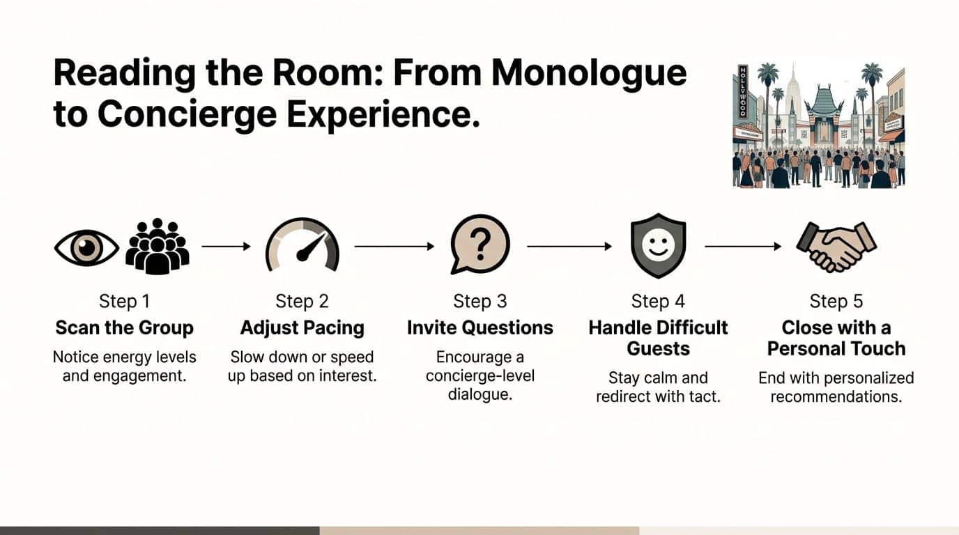 A five-step infographic showing a guide to reading the room and improving communication for tour experiences.