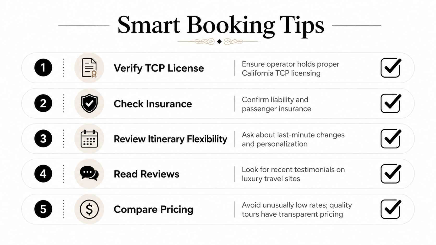 A graphic titled Smart Booking Tips listing five essential steps for booking high-quality luxury transportation services.