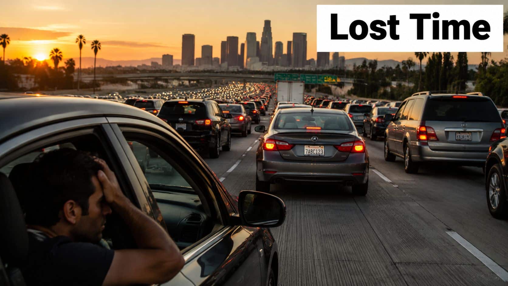 A frustrated driver sits in a car stuck in heavy traffic during a sunset in Los Angeles.