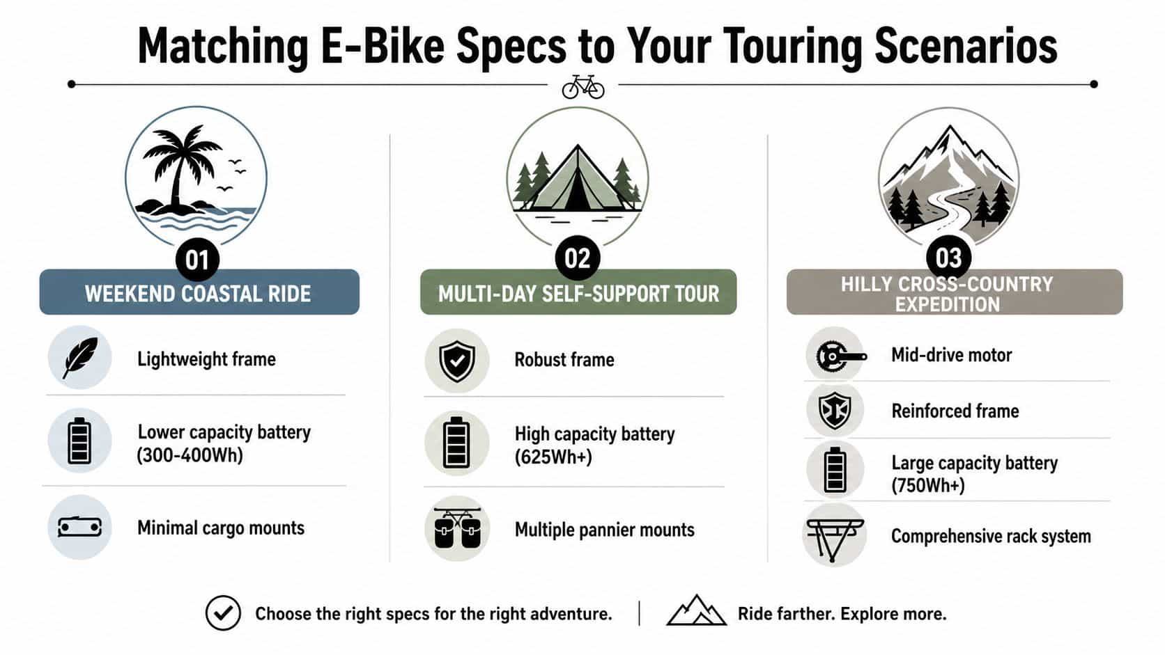 An infographic showing three types of e-bike touring scenarios with recommended technical specifications for each adventure style.
