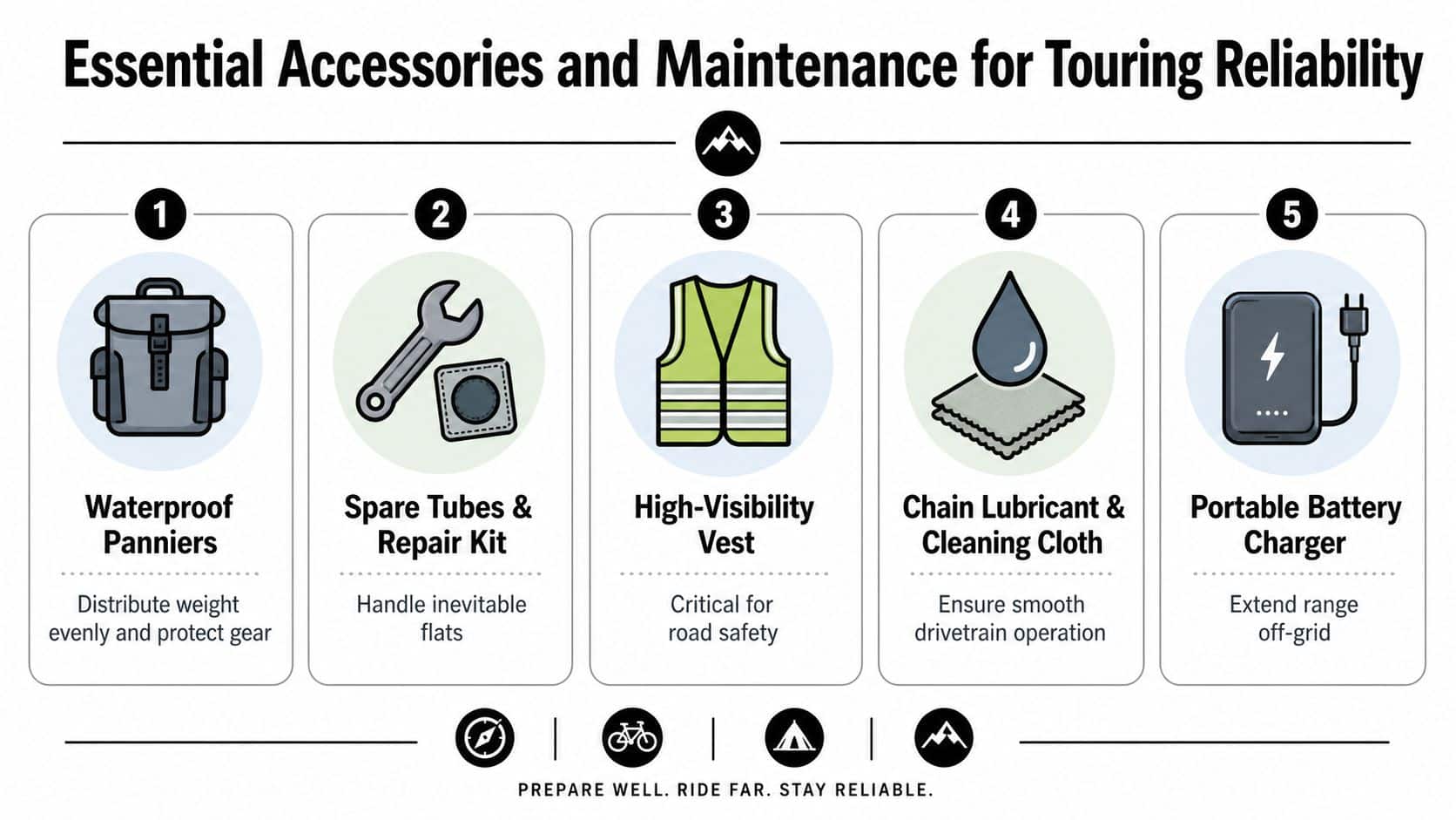 An infographic showing five essential accessories for bicycle touring reliability including gear, repair kits, and safety equipment.