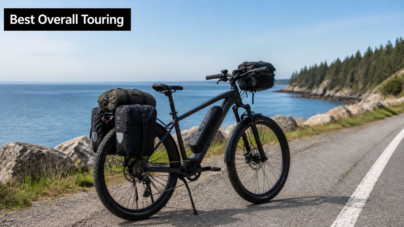 A black electric touring bike loaded with panniers and a gear bag parked on a coastal road.