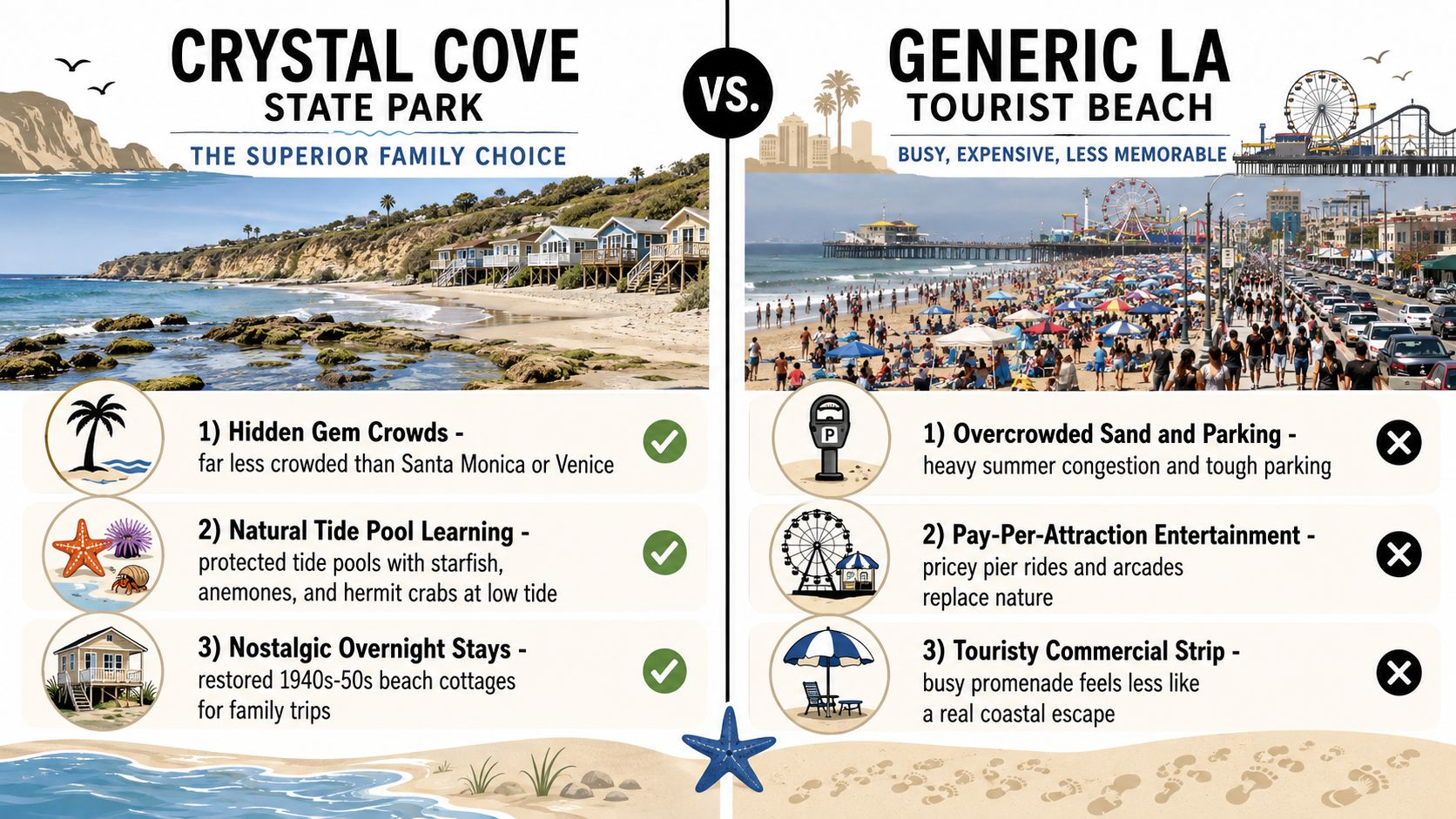 A comparison infographic showing the peaceful Crystal Cove State Park versus a busy Generic LA Tourist Beach.
