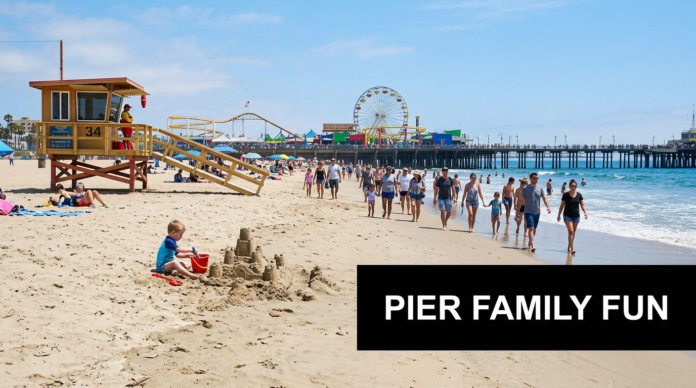 A sunny day at the beach with people walking near the pier and a child building sandcastles.