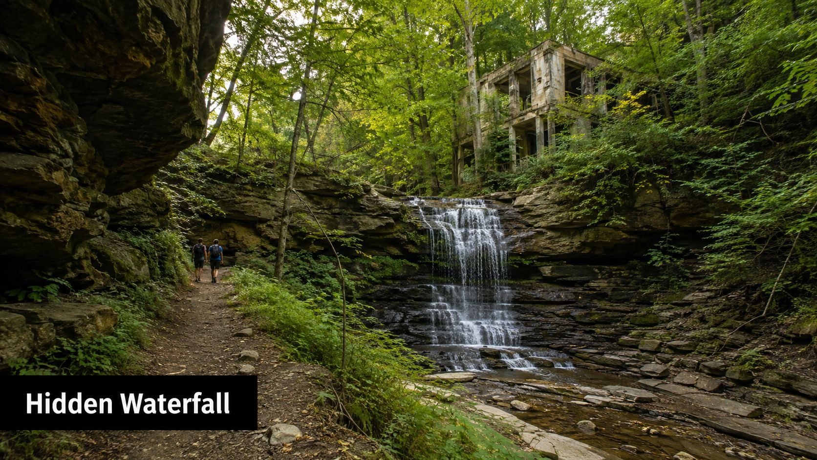 Two hikers walking on a trail near a picturesque waterfall flowing by an old stone building ruin.