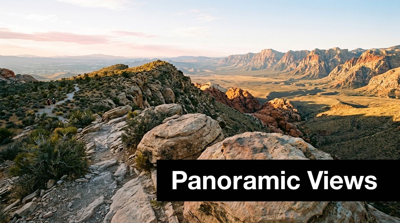 Two hikers walking on a scenic rocky path with panoramic views of desert mountains near Las Vegas.