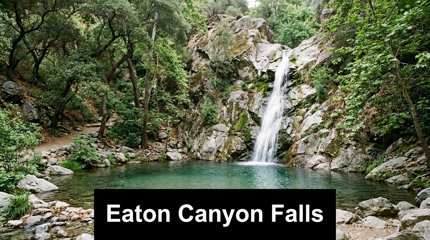A picturesque view of Eaton Canyon Falls featuring a cascading waterfall flowing into a clear pool.
