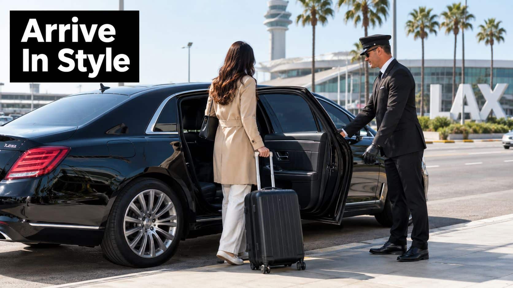 A professional chauffeur opens the car door for a passenger with a suitcase at LAX airport.
