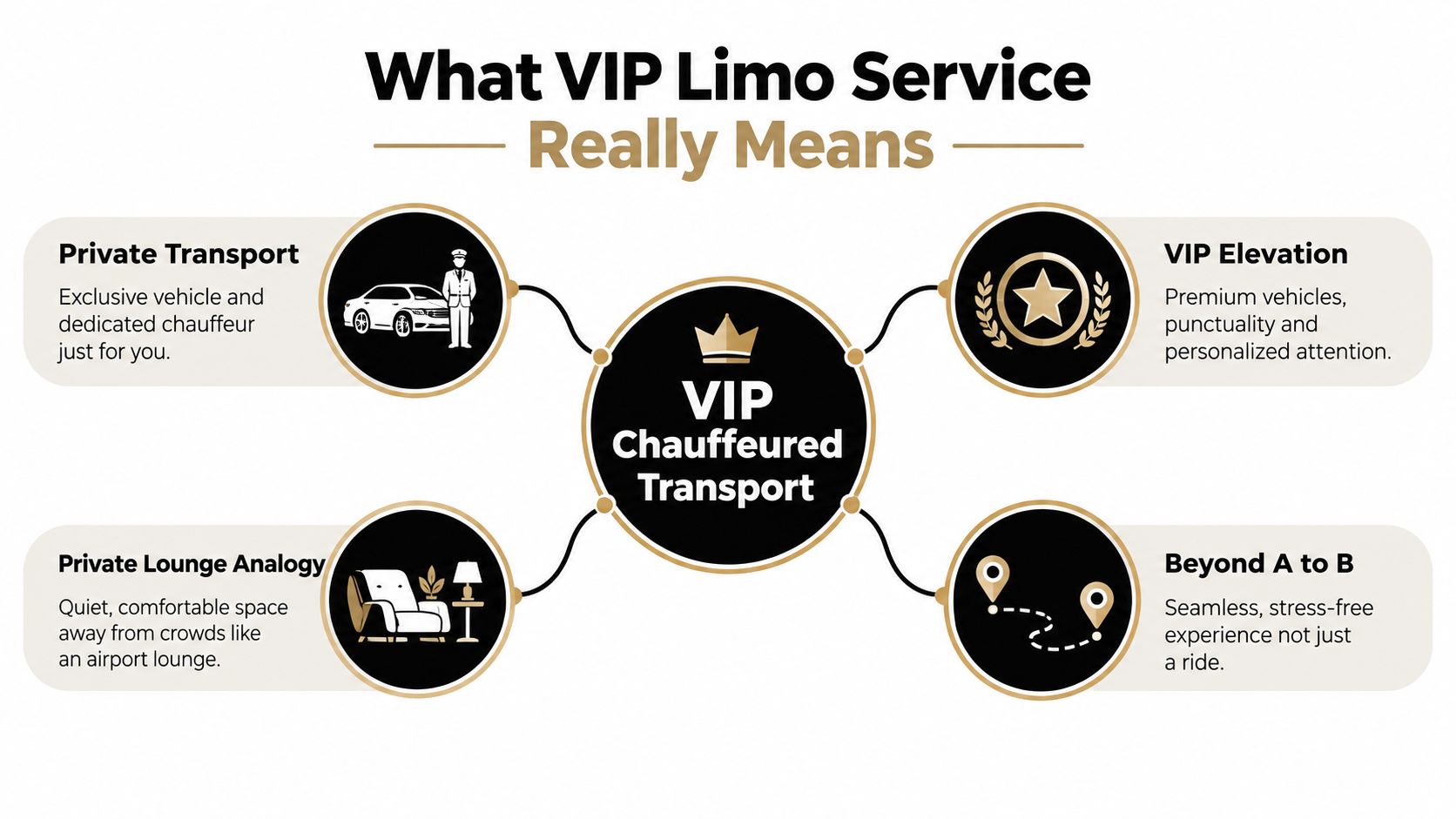 An infographic explaining the benefits of VIP chauffeured transport, including private travel, premium comfort, and seamless experiences.