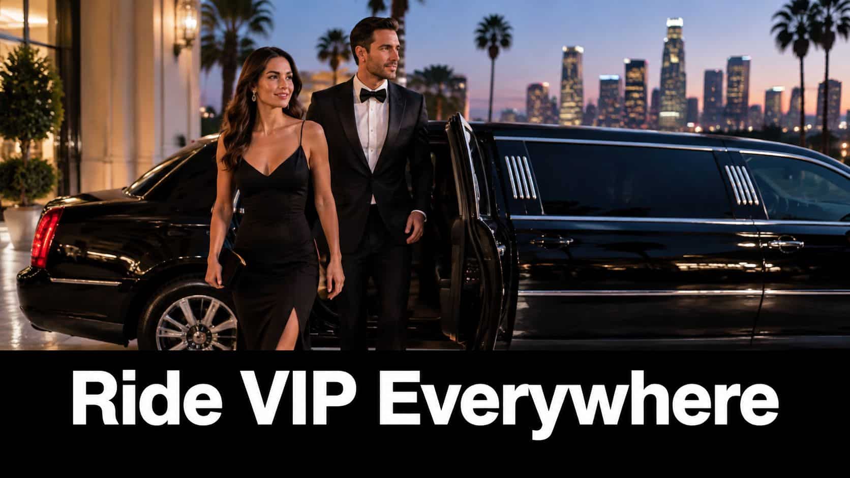 A sophisticated couple in elegant evening wear stepping out of a luxury limousine near a city skyline.