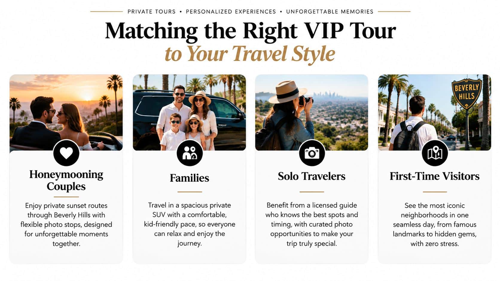 A visual guide showing different VIP tour options in Los Angeles tailored to couples, families, solo travelers, and first-time visitors.